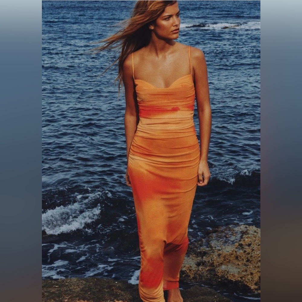 Zara Orange Draped Sunset Ombre Ruched Midi Dress Spaghetti Strap Bodycon NWT L